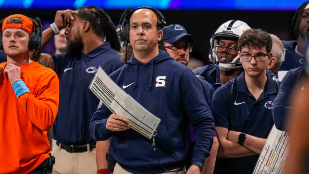Dec 30, 2023; Atlanta, GA, USA; Penn State Nittany Lions head coach James Franklin on the sidelines against the Mississippi Rebels during the second half at Mercedes-Benz Stadium. Mandatory Credit: Dale Zanine-USA TODAY Sports
